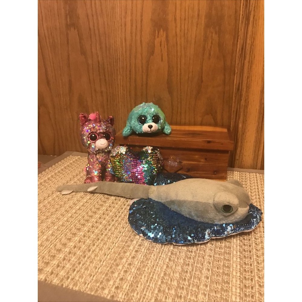 Ty Beanie Babies Sequinned‎ 4 Piece Lot Unicorn Seal Plus Glitter Eyes